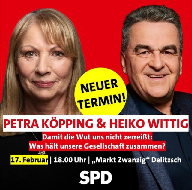 Am 17.02.2025 kommt Petra Köpping nach Delitzsch. In einem Gespräch mit unserem Direktkandidaten Heiko Wittig,  soll es sich vorallem um gesellschaftliche Themen drehen. 

Alle Interessierten Bürgerinnen und Bürger herzlich eingeladen. 

#spd #spdtaucha #spdnordsachsen #taucha #bundestagswahlen2025 #kommunalpolitik